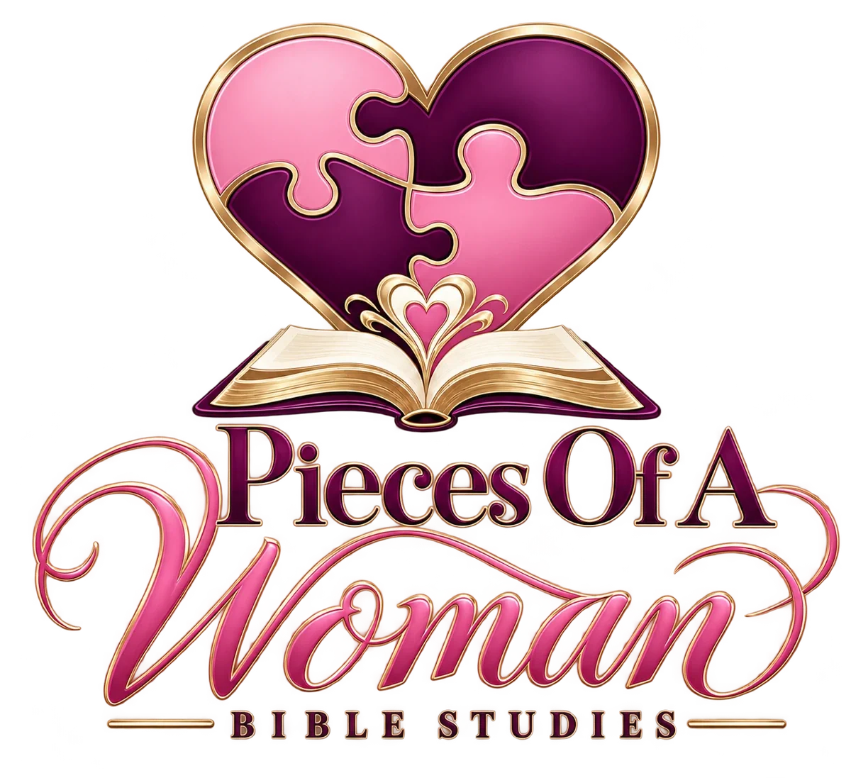 Pieces Of A Woman Bible Studies — pink and plum puzzle heart above an open Bible