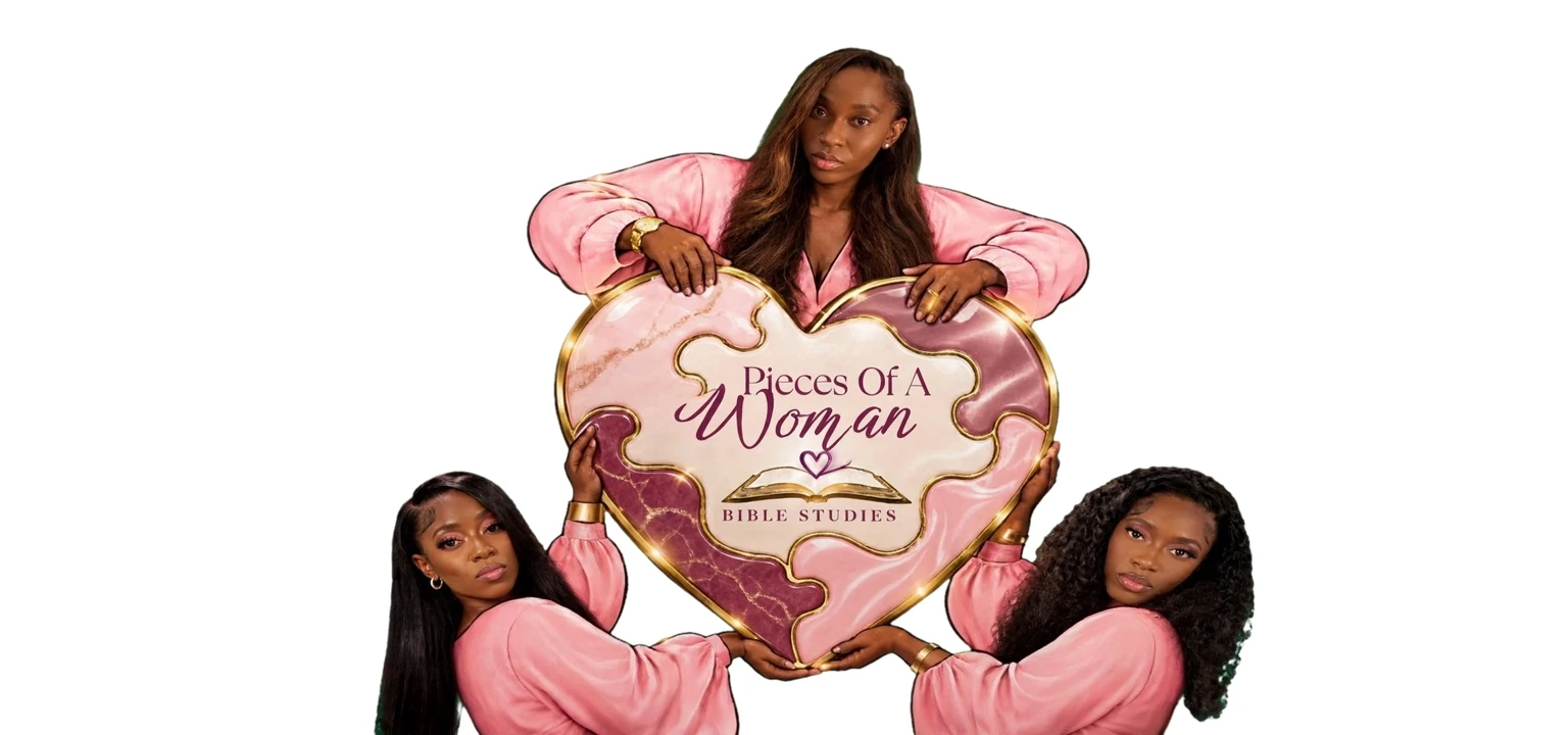 Three women in pink holding the Pieces Of A Woman Bible Studies puzzle heart